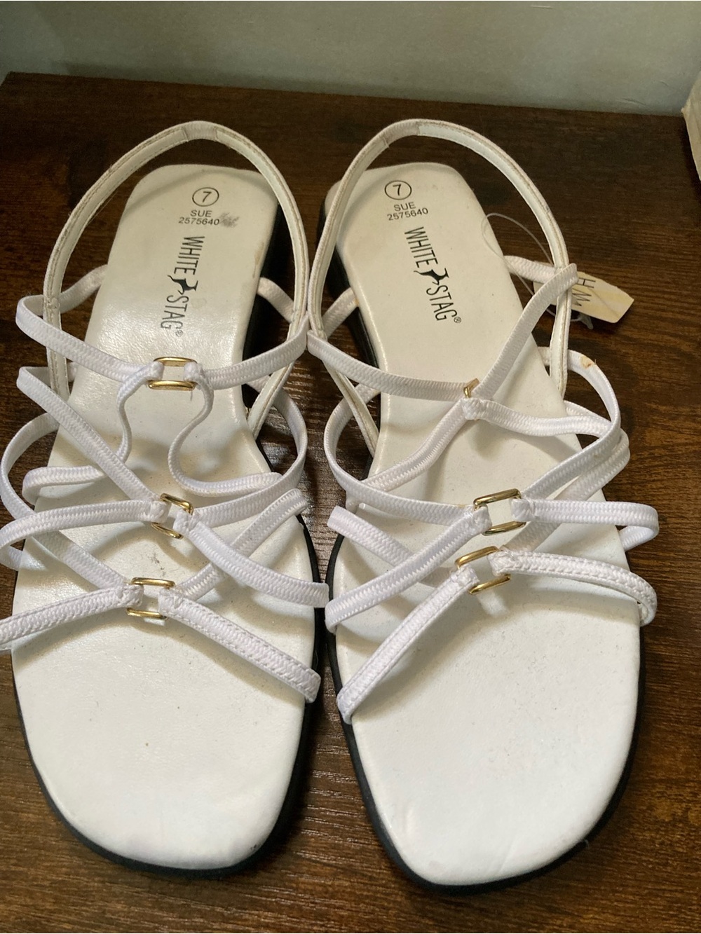 White Stag White Strappy Slide Sandals with Gold Accents